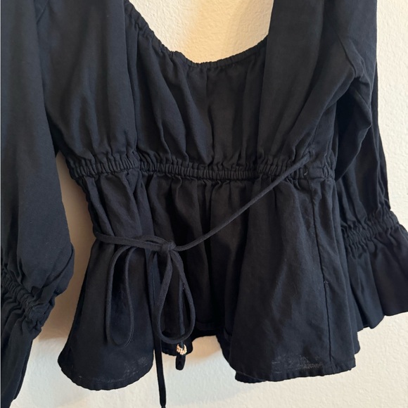 Free People Black Bohemian Wrap Top tassel ties puff sleeved M - Picture 6 of 8